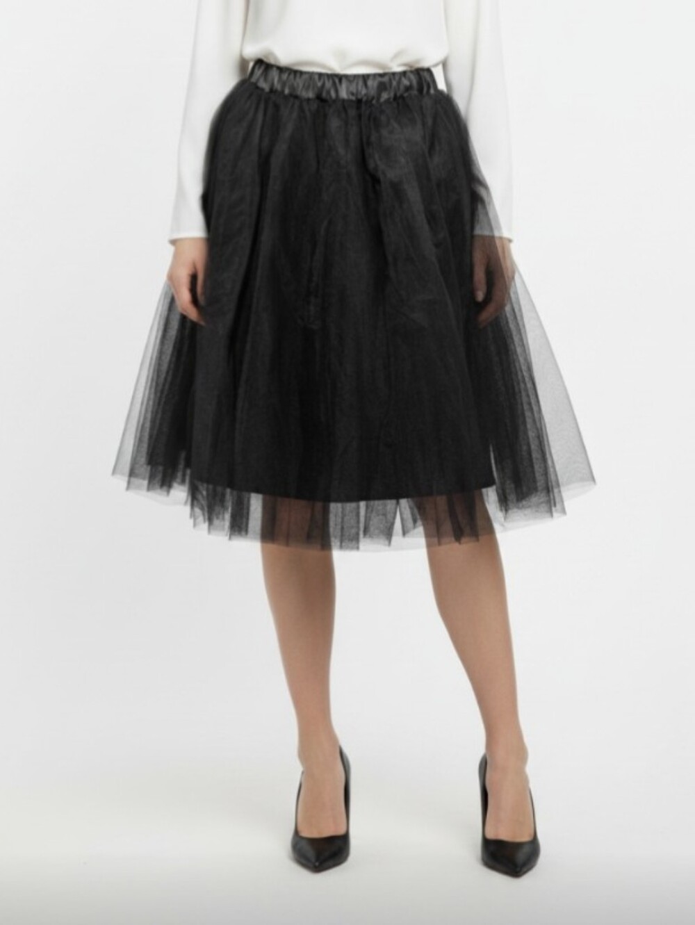 NWOT! FROU-FROU BLACK SATIN AND BLACK NET FULL POUFY, MIDI LENGTH SKIRT! SZ M